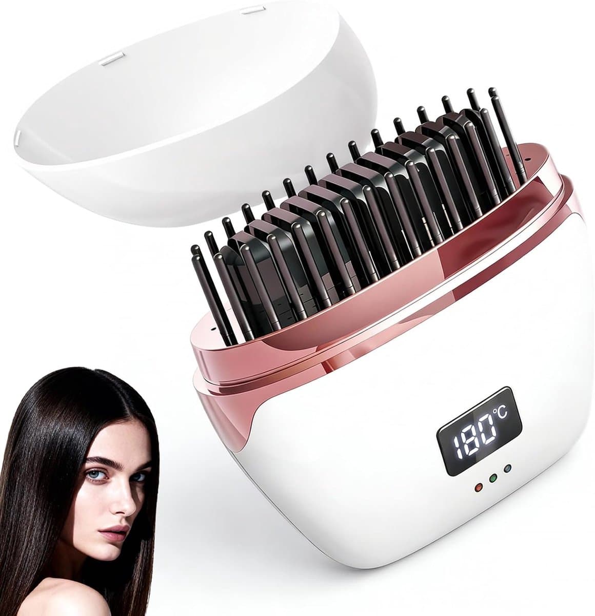 Draadloos, 2-in-1 mini-stijltang, USB-oplaadbaar, draagbaar, stijltang met 3 temperatuurniveaus, verwarmde haarborstel voor alle haartypes (wit) — afbeelding 1