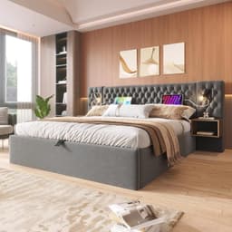 Bedframe 180 x 200 cm, slaapkamer, complete set, hydraulisch gestoffeerd bed met opbergruimte en 2 nachtkastjes, hoofdeinde met led-leeslamp en USB-oplaadfunctie, fluweel, grijs, zonder matras — thumbnail 4