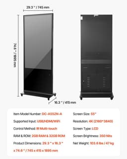 Digitale Reclamezuil Stoepbord - Staand Touchscreen Display - Scherm 140 cm - 2K LCD-scherm - WiFi - HDMI/USB - 2 GB RAM 32 GB Opslag - Zwart — thumbnail 3