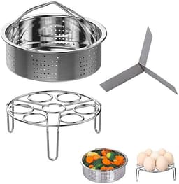 Driedelige accessoire set voor snelkookpan, inclusief roestvrijstalen stoommandje, eierstoommandje en stoomrekje. — thumbnail 1