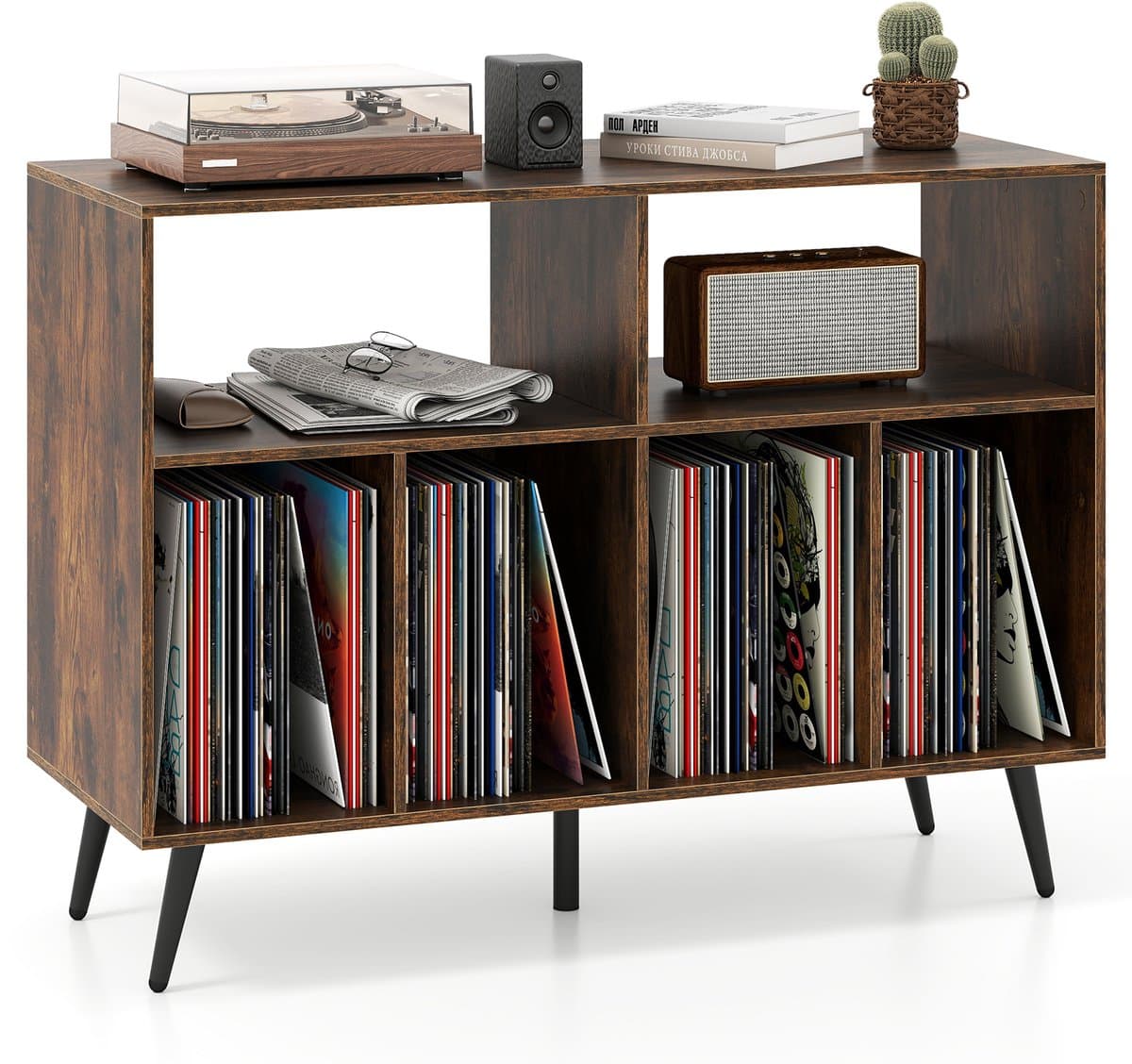 COSTWAY Draaitafel standaard 3-traps draaitafel kast met vinyl opbergplanken, opbergtafel voor vinylplaten, opberghouder voor woonkamer, muziekkamer (bruin) — afbeelding 1