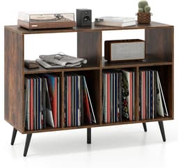 COSTWAY Draaitafel standaard 3-traps draaitafel kast met vinyl opbergplanken, opbergtafel voor vinylplaten, opberghouder voor woonkamer, muziekkamer (bruin) — thumbnail 1