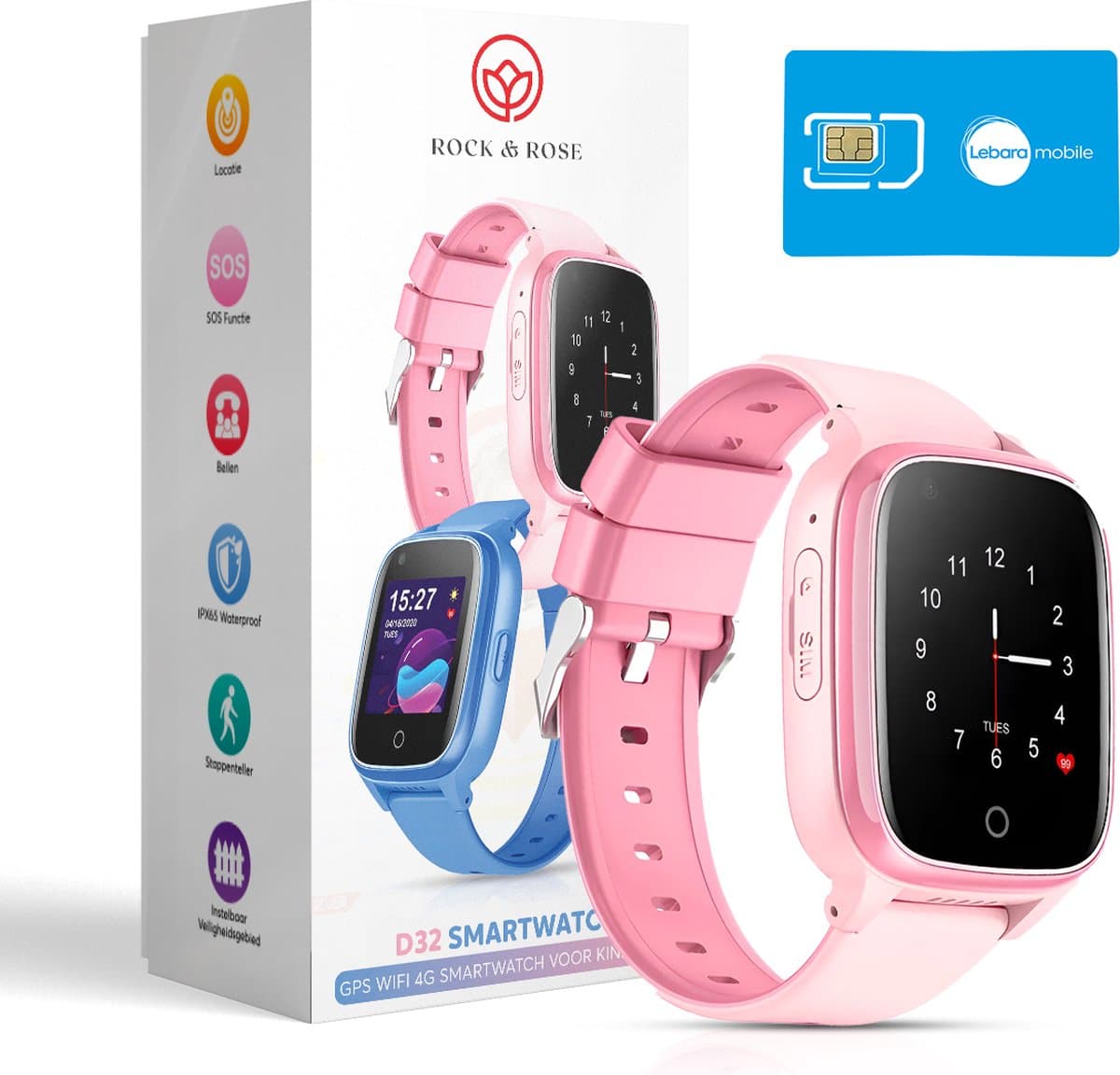 Rock&Rose 4G GPS Horloge Kind - Inclusief Simkaart - SOS Functie - Kinder Smartwatch - Kinderhorloge Meisje Smartwatch - Smartwatch Kinderen - Roze — afbeelding 1