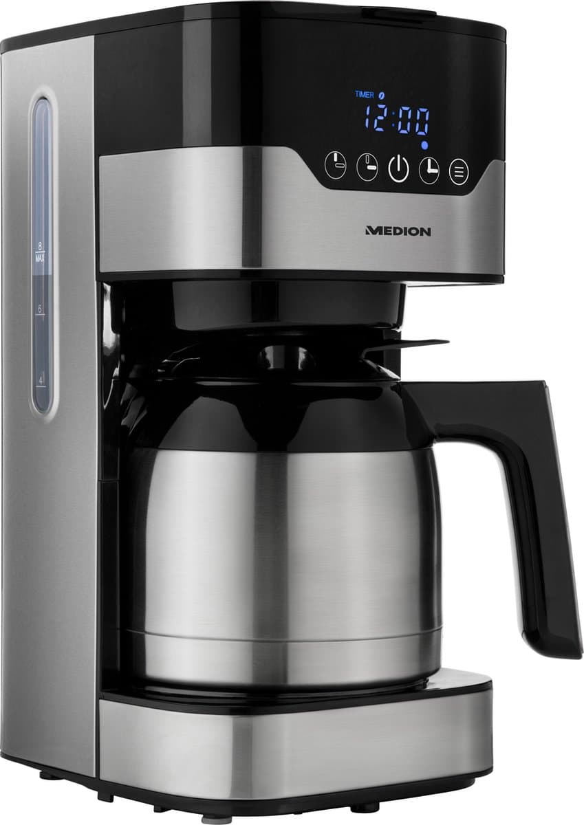MEDION koffiezetapparaat met thermoskan en timer (filterapparaat, 8 kopjes, 1,2 liter, 900 watt, 3 standen, warmhoudfunctie, timer, anti-druppel, display, MD18458) roestvrij staal — afbeelding 1