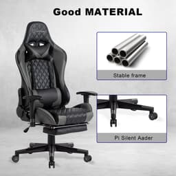 FOXSPORT verstelbare gaming chair - PC-bureaustoel met voetsteun - hoogte en helling verstelbaar - met hoofdsteun en lendensteun - gamingstoel voor kantoor - Zwart en grijs — thumbnail 2