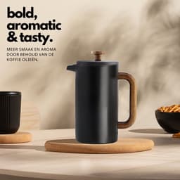 House of Husk French Press Cafetière - 1 Liter - Dubbelwandig - Zwart / Acacia Hout — thumbnail 3