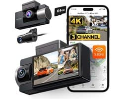 Wolfbox i17 3CH 4K Wifi Gps 64gb dashcam - Camera voor + achter + interieur - Wifi en Gps - Parkeermodus - 3,0 inch Lcd - 4K resolutie - 64gb Micro SD kaart - dashcam voor auto