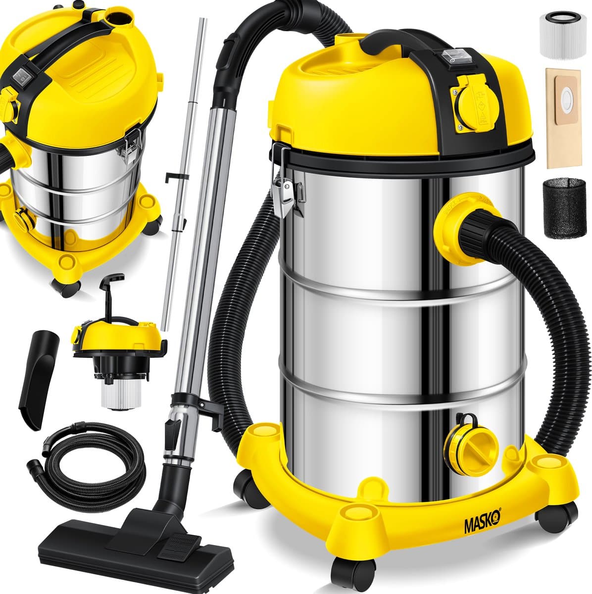 MASKO® industriële stofzuiger nat-droog roestvrij staal 2300W + stopcontact | blaasfunctie | droog en nat zuigen | Push&Clean | industriële stofzuiger met en zonder zak | zakloos - Geel — afbeelding 1