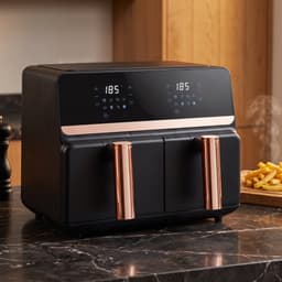 Cheqo® Dubbele Airfryer XXL - Heteluchtfriteuse Rosegoud - Dual Zone met Twee Kookvakken - Dubbele Mand - Hetelucht Friteuse met Touchscreen - Digitale Airfryer voor Gezin - Frituurpan zonder Olie - Snackpan Rose Gold met Grillplaat — thumbnail 4