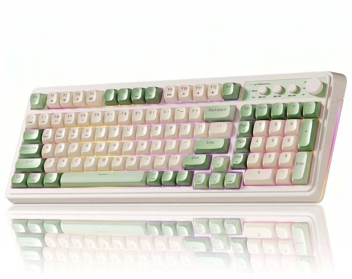 AULA S99 Gaming toetsenbord-draadloos computer toetsenbord- Driemodus Bluetooth/2,4GHz/USB‑C-groen‑crème toetsenbord met nummerblok-99 toetsen-RGB-programmeerbaar-romige siliconen structuur — afbeelding 1