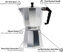 Mokapot - Waterreservoir 300 ml - Gegoten Aluminium - Zilver - Voor Gas, Elektrische en Keramische Kookplaten - Niet voor Inductie — thumbnail 2