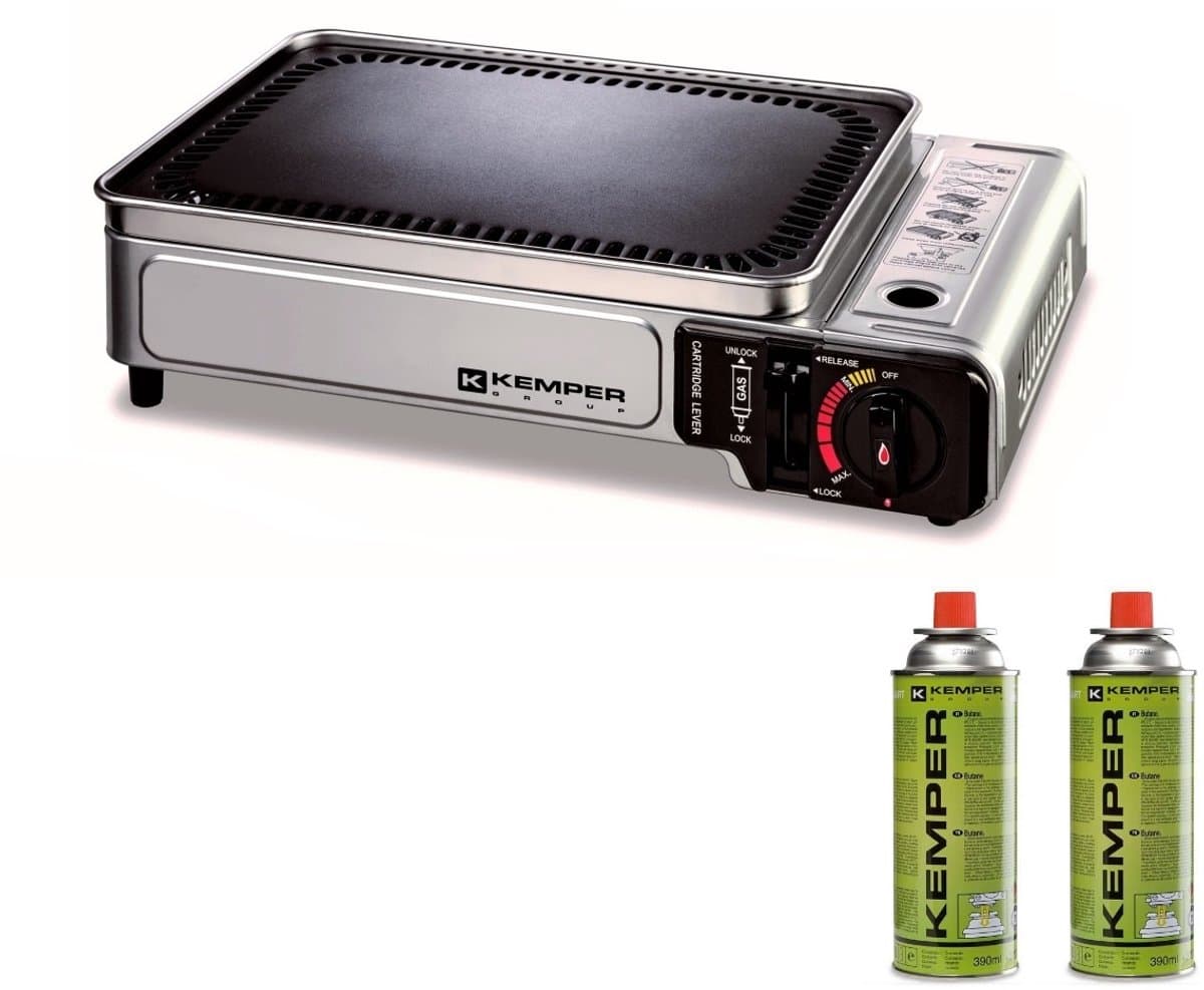 Kemper Smart grill Plancha - draagbare gas barbecue Tafelbarbecue Campingkooktoestel - incl. 2 gasflessen - Noodpakket item — afbeelding 1