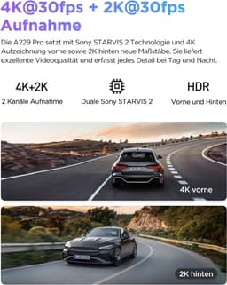 Dashcam voor auto - Zwart - 4K voor en 2K achter - Dual STARVIS 2 Sensoren met GPS en Spraakbesturing - Met Nachtzicht en Wi-Fi — thumbnail 2