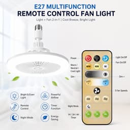 Plafondlamp Met Ventilator - E27 Ventilator Met Verlichting - Plafondventilator - LED Ventilatorlamp - Drie Lichtstanden - Traploos Dimbaar - Ventilator Met Afstandsbediening - Grijs — thumbnail 4