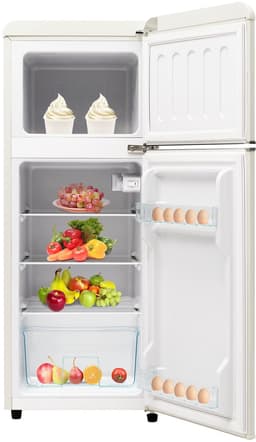 Retro-koelkast – Koel-vriescombinatie, 105,5 cm hoog, 41 cm breed, tweedeurs, 92 liter totaalvolume, 28 liter vriesvolume, deurplateaus en glasplateaus, 116 kWh/jaar, -27°C ~ 13°C, LED-verlichting. — thumbnail 5