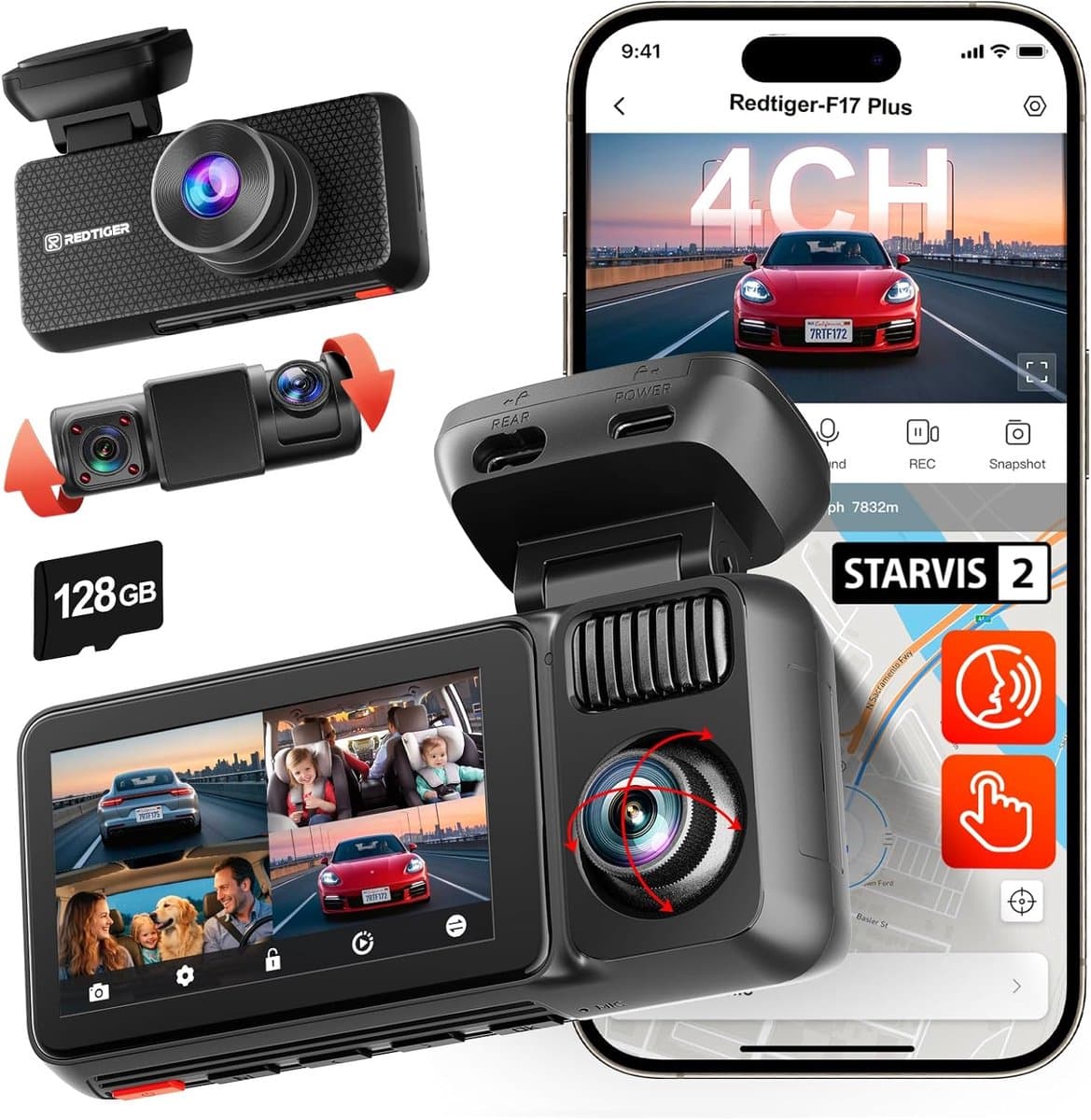 SnelShoppen - 4 Kanaals Dash Cam 2.7K+1080P*3, 360° Camera met IR Nachtzicht, 128GB Kaart, GPS, 5GHz WiFi, Touchscreen en Stembediening voor Auto — afbeelding 1