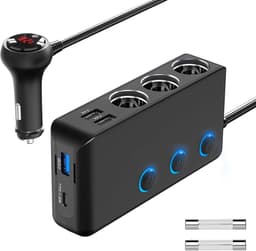 SnelShoppen - PD 30W Sigarettenaansteker Splitter Auto 200W met 3 Stopcontacten, 4 USB Oplaadpoorten, LED Voltmeter voor Mobiele Telefoon, GPS, DashCa — thumbnail 1