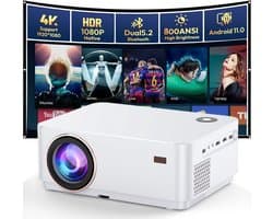 SnelShoppen - WiFi Bluetooth Beamer 4K Android OS Projector Native 1080P Autofocus 800 ANSI Lumen Mini Projector voor Thuisbioscoop, Outdoor, Tuin, Wo