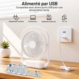 Draadloze bureauventilator van 4000 mAh, 4 ventilatorsnelheden, 2 nachtlichtstanden, oplaadbaar via USB-C, tot 20 uur batterijduur (wit). — thumbnail 2