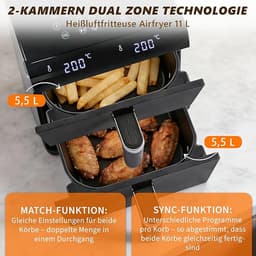 NETTLIFE Airfryer Dubbele Kamer 11L - 2800W - 13-in-1 Hetelucht Friteuse - Touchscreen met Timer - Vaatwasserbestendige Manden - 2 Bakmanden - voor Gezin - Zwart — thumbnail 3
