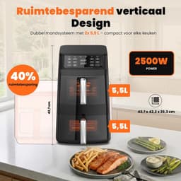 Dubbele Heteluchtfriteuse - Airfryer XL - Gezond Koken - Twee Verticale Kamers - 11 Liter - Zwart en Zilver — thumbnail 4