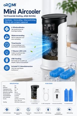 oROMI Aircooler met Waterverneveling – 6 Snelheden – 300 ml Watertank – 7 Kleuren LED – Timer – USB Tafelventilator met 2 Koelelementen — thumbnail 3