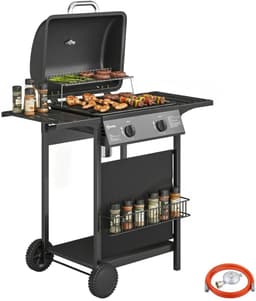 Gasbarbecue - Gasbarbecue en grill - 2 Branders - 5 kW - Grillwagen - Barbecuewagen - met Grillrooster, Wielen, Bijzettafels, Thermometer, Opvangbak en Warmhoudplaten - 99 x 56 x 95 cm - Zwart — thumbnail 1
