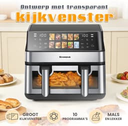 Sinaopus XXL Airfryer 9L – Met Dubbele Mand – 9 Kookprogramma’s – Onafhankelijke Snelle Opwarming – Geschikt voor Gezinnen – Kijkvenster – Eenvoudig te Reinigen – Capaciteit voor 4 tot 5 Personen — thumbnail 2