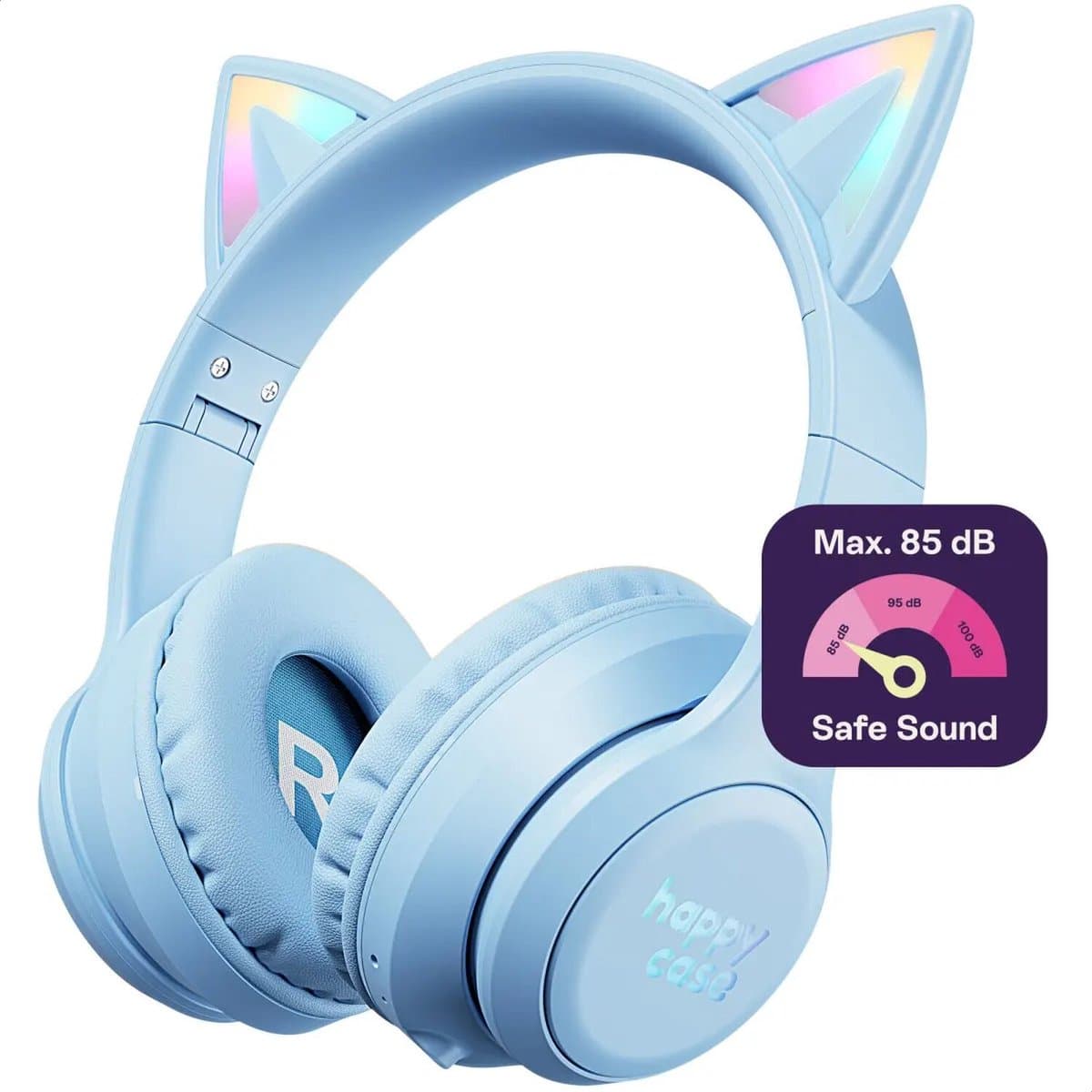 HappyCase Kinder Koptelefoon met Kattenoortjes - veilige volumebregrenzer - Bluetooth Koptelefoon Voor Kinderen - Ledverlichting - Over-Ear Hoofdtelefoon - Geluiddempend - Blauw — afbeelding 1