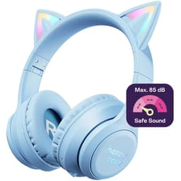 HappyCase Kinder Koptelefoon met Kattenoortjes - veilige volumebregrenzer - Bluetooth Koptelefoon Voor Kinderen - Ledverlichting - Over-Ear Hoofdtelefoon - Geluiddempend - Blauw — thumbnail 1