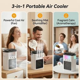 Ventilator - Draagbare luchtkoeler en ventilator - mini airco met 3 snelheden & 3 sproeistanden, 600 ml watertank, RGB-verlichting, oplaadbare mini-tafelventilator（zwart） — thumbnail 2
