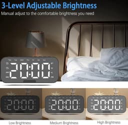 Bedside Alarm Clock, Alarm Clock Radio with Bluetooth Speakers, Digital Alarm Clock for Bedroom, Portable Mirror Alarm Clock with Dual Alarm, Snooze, LED Display, 3 Levels Adjustable Dimmable, USB Rechargeable — thumbnail 5