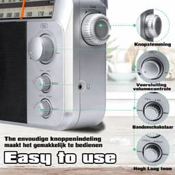 Noodradio - Retekess Draagbare radio - Werkt op batterijen en op Netstroom - Retro radio - FM radio - Keukenradio - Noodradio Denk Vooruit - Handvat - Koptelefoonaansluiting - Zilver (TR604) -Vaderdagcadeau — thumbnail 3