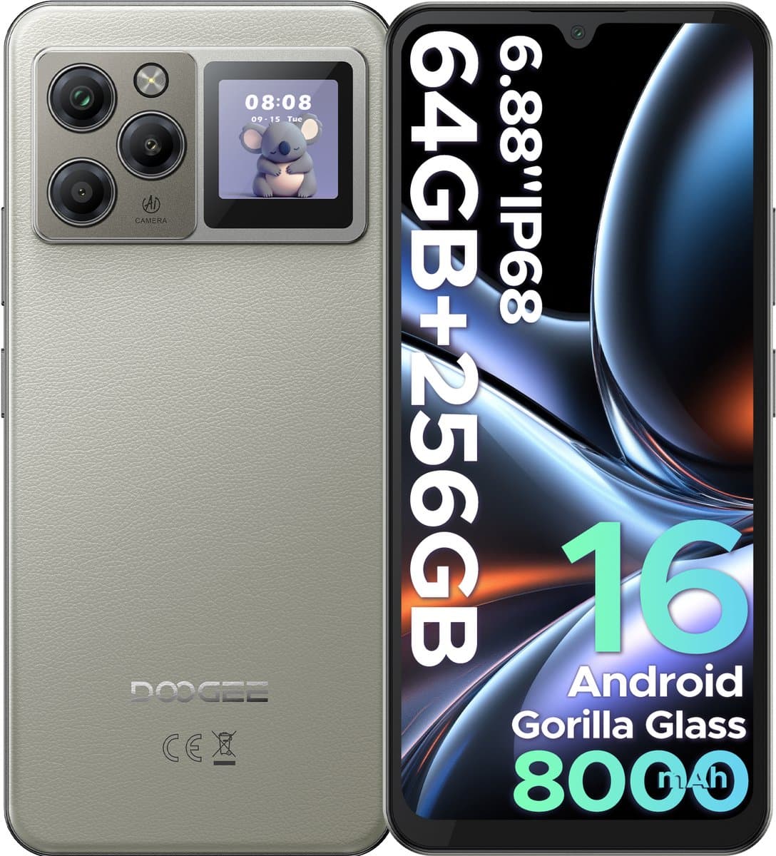 DOOGEE M30 Pro - Smartphone - 64 GB RAM (8+56GB) + 256GB ROM (2TB/TF) - 6,88 Inch HD + 120Hz - IP68 - Android 16 - 8000mAh/33W - 1,3" Subscreen - 64MP drievoudige camera - NFC - Vingerafdruk - Face ID - Grijs — afbeelding 1