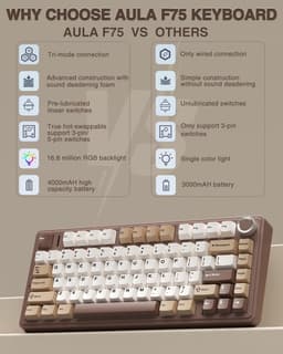 AULA F75 - Draadloze Gaming Toetsenbord - Mechanisch - Gasket - Hot Swap - QWERTY Toetsenborden - Tri mode - 80 Keys - Mokkabruin — thumbnail 2