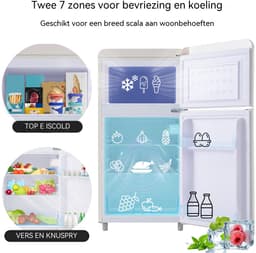 Retro Koelkast - Dubbeldeurs Koelkast - Vrijstaande Koelkast - Mini Koelkast – 72L – 39dB – LED - Pootjes - Keuken - 91cm - 2 Deuren - Wit — thumbnail 4