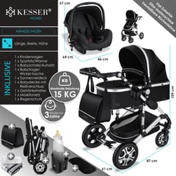 KESSER® Kinderwagen 3 in 1 Loops Wandelwagen Set incl. Autostoel & Reiswieg & Buggy Sportzitje - Massieve Rubberbanden - Luiertas / Regenhoes - Zwart / Zilver — thumbnail 5
