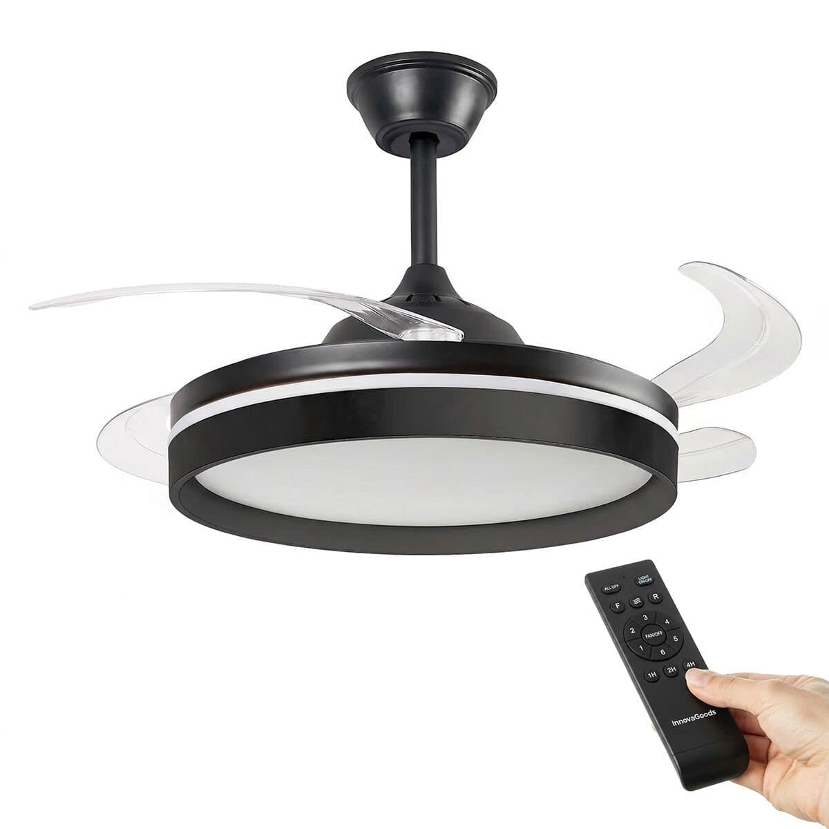 Plafondventilator met licht, stil, intrekbare bladen, 6 snelheden, DC-motor, afstandsbediening InnovaGoods — afbeelding 1