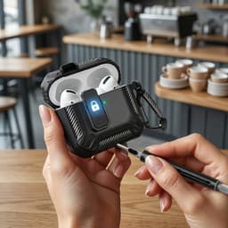 Zwart robuust hoesje voor oordopjes met carbon look geschikt voor AirPods 4 inclusief schoonmaakset en karabijnhaak – schokbestendig en duurzaam — thumbnail 5