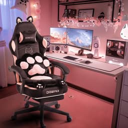 Dowinx Gaming Stoel Roze/Zwart – Ergonomisch met Voetensteun – Kattenpoot Design – Stoffen Gamer/PC Stoel – Verstelbare Rugleuning – Voor Volwassenen — thumbnail 1
