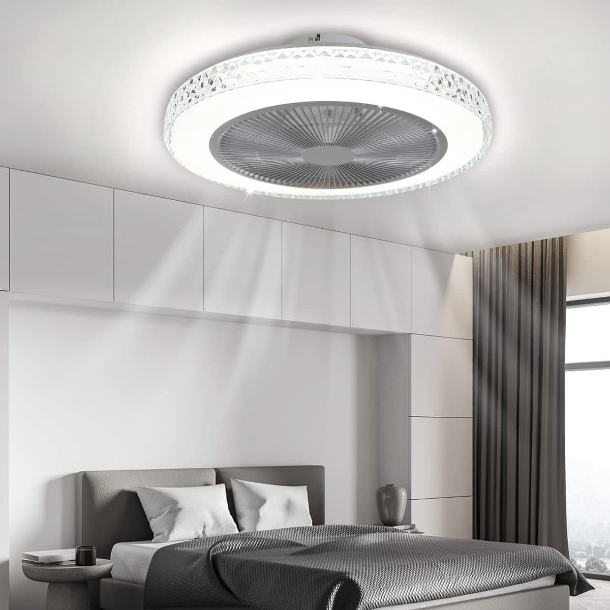 Glitzerlife-Plafond ventilator met verlichting – LED ventilator plafondlamp met afstandsbediening –Stille plafondventilator – Ø48,5 cm – dimbaar – kristal – zomer- en winterstand – voor woonkamer en slaapkamer — afbeelding 1