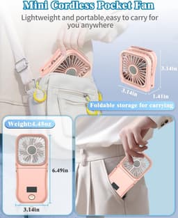 Handventilator, oplaadbaar, mini-ventilator, draagbare ventilator, op batterijen werkende ventilator met 3 snelheden, tafelventilator, kleine bureauventilator, draadloze persoonlijke ventilator, 180° opvouwbare handventilator, roze — thumbnail 5