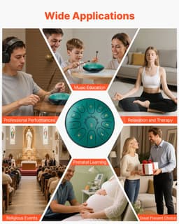 VEVOR Tongue Drum, 165 mm, 11-Tonige Rain Drum, D-Majeur Muziekdrums met Muziekboek En Mallets, Stalen Tongdrum, Stalen Pan, voor Meditatie, Yoga, Beginners, Muzieklessen, Groen — thumbnail 5