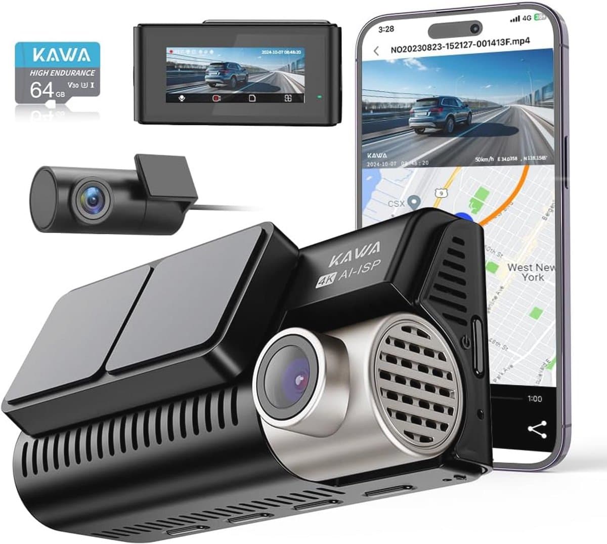 Dashcam 4K met Nachtzicht en GPS, 64GB SD Inclusief, 3,16" IPS Scherm, Continu Opnemen, Parkeerstand 24U — afbeelding 1