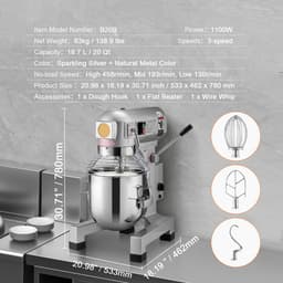 Industriële Keukenmachine, 18,7 L Staande Mixer met 3 Instelbare Snelheden, 1100 W Deegmixer, Roestvrijstalen Kom en 3 Accessoires, Ideaal voor Restaurants, Bakkerijen, Patisserieën en Cafés Cafés — thumbnail 5