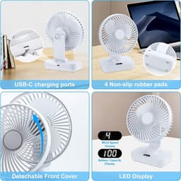 Zakventilator - Draagbare USB-bureauventilator - Ultrastille automatische oscillatie 120° - Krachtige oplaadbare batterij van 4000 mAh - Mini-bureauventilator - 4 snelheden - Kleine ventilator voor thuis, slaapkamer en buiten - Wit — thumbnail 5