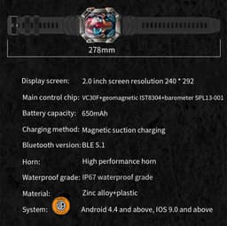 WizBay Premium Select® 2.0 inch HD TFT - Kompas, Altitude & Barometer, Meter - Bluetooth Bellen - Message - Dynamic Hartslag & Slaap Monitor - Bloeddruk & O2 - 100+ Sport Modi - 650mAh - Magnetic Laden - Zink Alloy Mat Grijze Kast - Zwart TPU Band — thumbnail 5