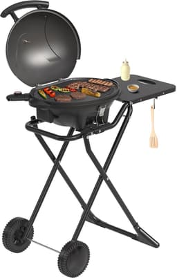 KitchenBrothers Elektrische BBQ - Opvouwbaar - Barbecue met Wielen - Anti-aanbaklaag - Zijtafel - tot 250°C - 2400W - Vaderdag Cadeau - Zwart — thumbnail 1