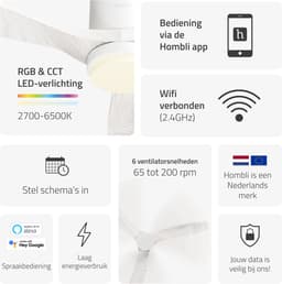 Hombli Slimme Plafondventilator met verlichting - Ø132 cm - Incl. Afstandsbediening - Wit & Wit Hout — thumbnail 4