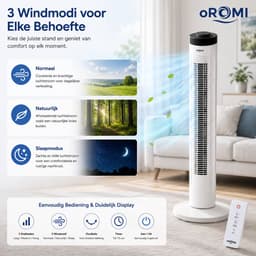 oROMI Torenventilator 81 cm – 45W – 3 Snelheden & 3 Windmodi – Met Afstandsbediening, Timer en Oscillatie – Witte Slimme Staande Ventilator — thumbnail 3